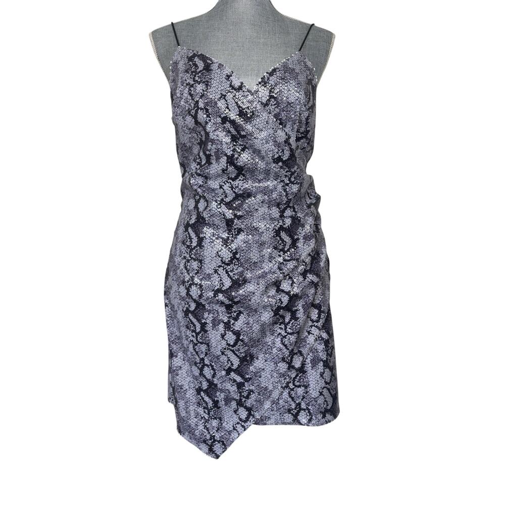 NWOT JOA Snake Skin Sequin Bodycon Rouched Faux Wrap Mini Dress Medium